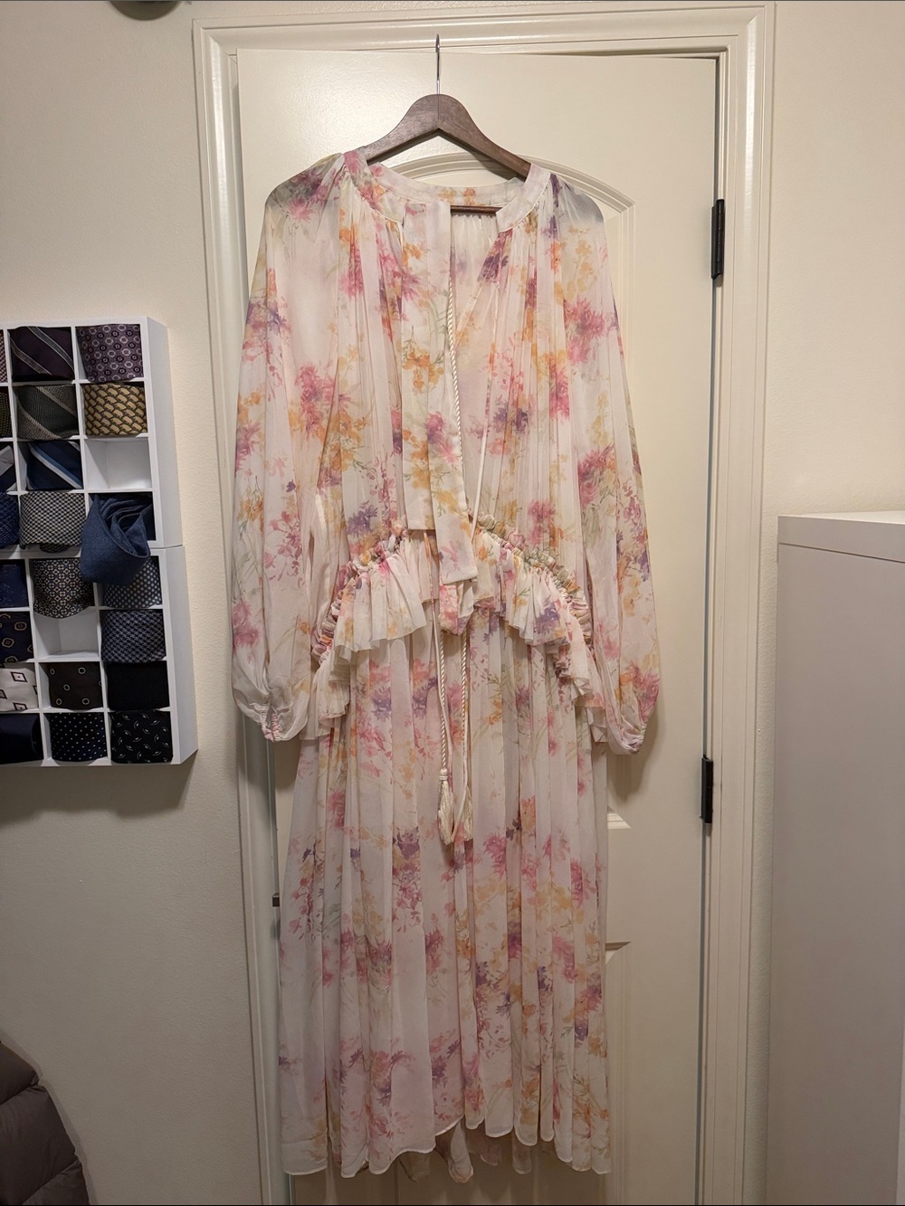 Sheer Floral Maxi Dress in Cream with Pink and Yellow Accents